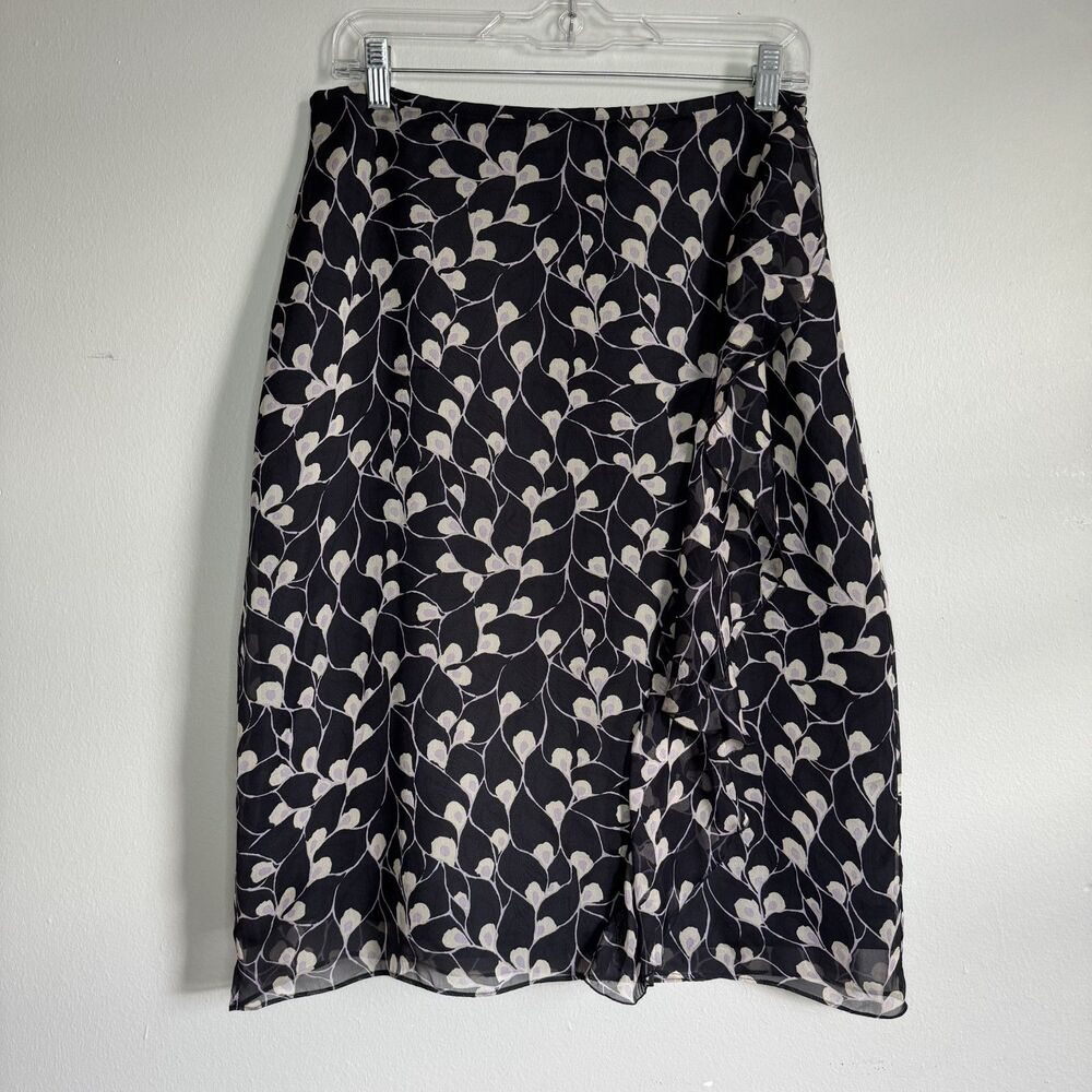 Lafayette 148 Silk Midi Knee Length Skirt Womens 6 Black Floating Leaves Ruffle